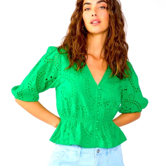 Sanctuary Green Eyelet Peplum Button-Front Top – XS - Picture 2 of 8